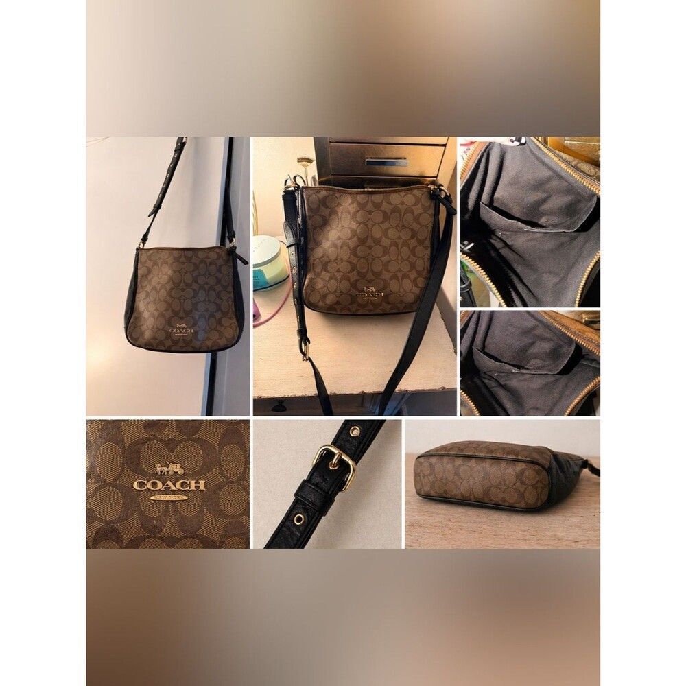 Coach Brown Signature Crossbody with Black Strap and Gold Hardware